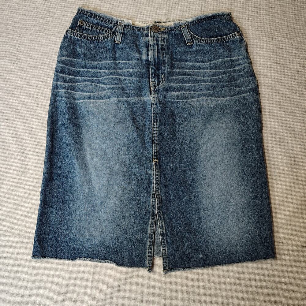 Vintage R4R Rave Jeans Denim Skirt Y2K Blue Front Slit Raw Hem Size 5
